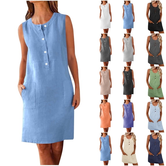 Kctiaxy Summer Dresses for Women Crew Neck Sleeveless Tank Dress Casual Front Button Mid Length Dresses with Pockets