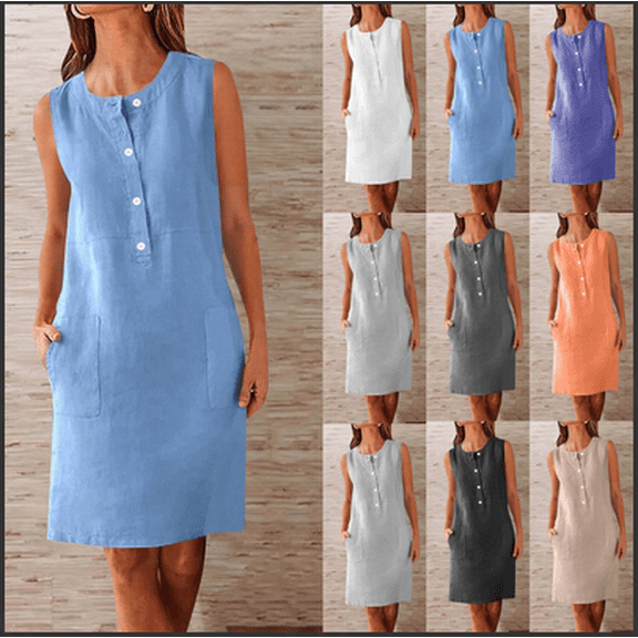 Kctiaxy Summer Dresses for Women Cotton Linen Cre W Neck Sleeve Less Tank Casual Front Button Dresses with Pockets