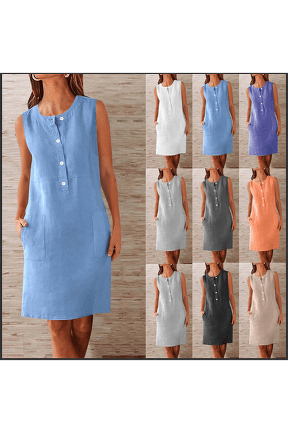 Summer Dresses for Women Cotton Linen Cre W Neck Sleeve Less Tank Casual Front Button Dresses with Pockets