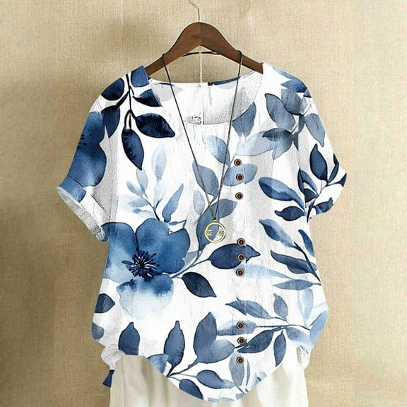Danhjin Summer Tops for Women Printed Trendy Cotton Linen Short Sleeve Shirt Casual Button Cre W Neck Blouses