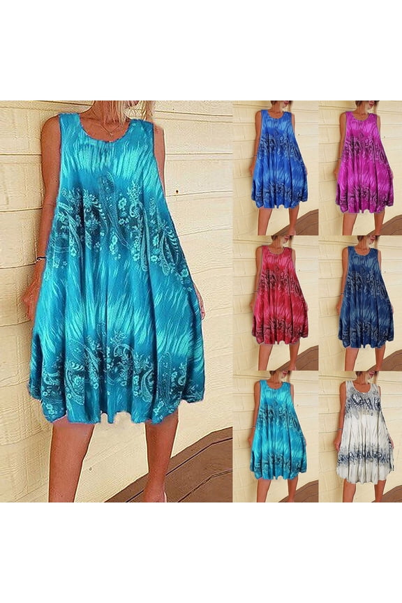 Tank Dress Summer Dresses for Women Cre W Neck Beach Boho Sleeve Less Vintage Floral Flowy Tank Sundresses