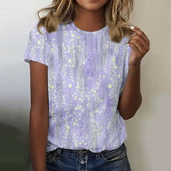 Danhjin Tops for Women Trendy Casual Round Neck Short Sleeve Top Floral Print Tees Vintage Shirt Summer Loose Lightweight Blouses