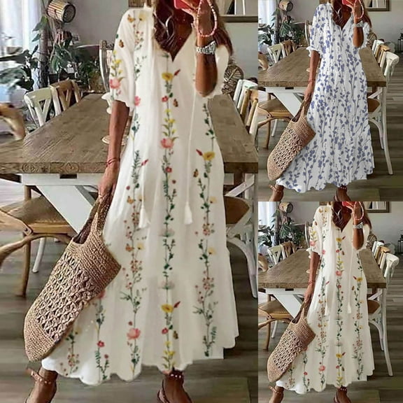 Danhjin Women Summer Long Sundress V Neck Short Sleeve Maxi Dress Casual Loose Beach Boho Dress for Wedding Guest
