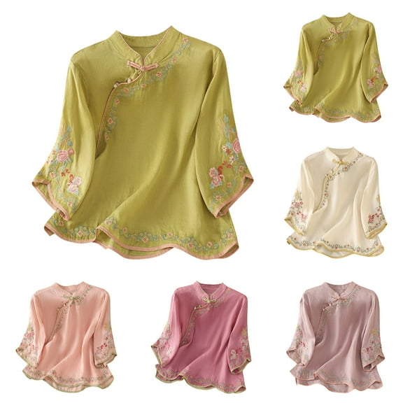 Danhjin Women Tops Cotton Linen Shirts Vintage Chinese e Mbroidery 3/4 Sleeve Casual Trendy Tops Loose V Neck Side Tie Slit Blouse