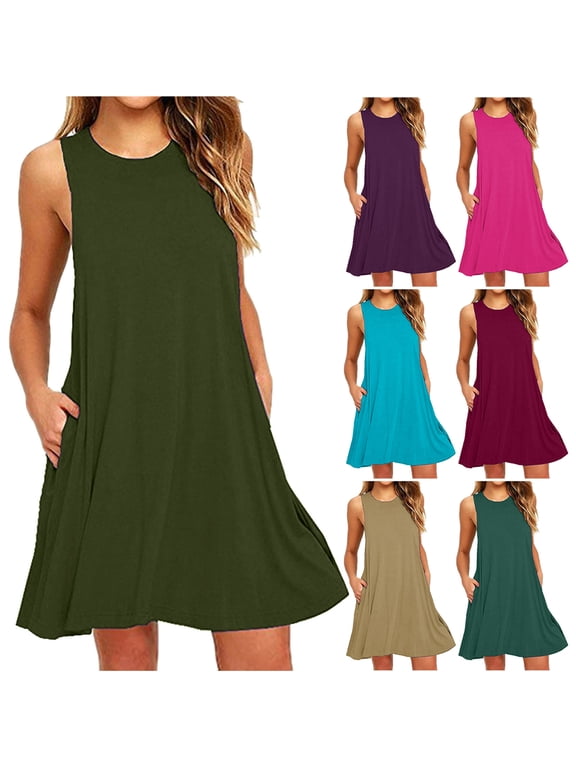 Women's Summer Dresses Casual Loose Sleeve Less Cre W Neck Sundress Ruffle He M Tank Dress Beach Dress with Pockets