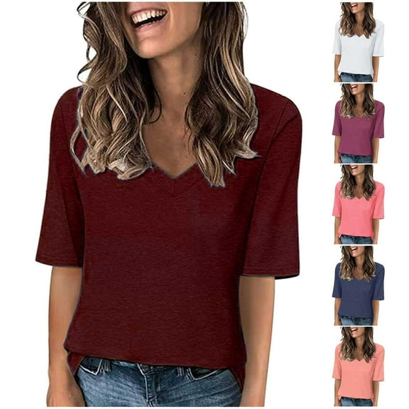 Danhjin Womens Blouse Summer Fashion V-Neck Half Sleeves T Shirt Solid Casual Loose Basic Tunics Tops