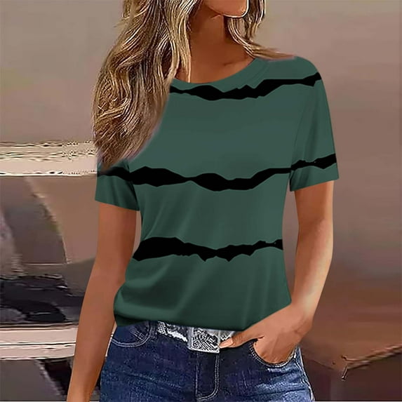 Danhjin Womens Summer Tops 2025 Crew Neck Short Sleeve T Shirts Dressy Casual Blouses Cute Printed Tees Loose Trendy OutFits Summer Deals