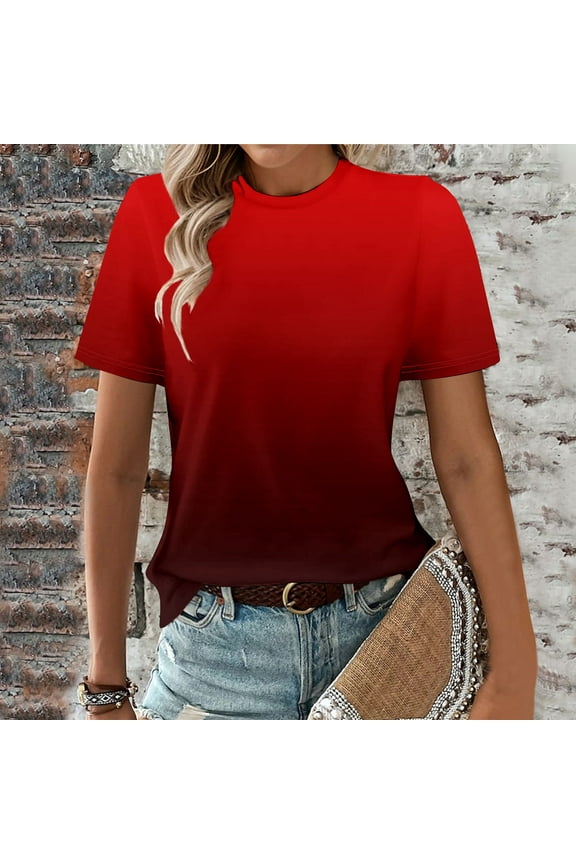 Womens Round Neck Short Sleeve Cute T Shirts Gradient Color Summer Tops Casual Loose Tees Trending Nows