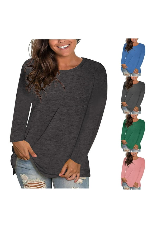 Womens Tops Long Sleeve Cre W Neck Shirts Solid Color Loose Casual Blouse Spring Fall Clothes