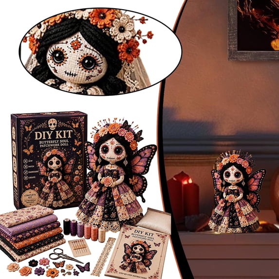 Clearance Day of The Dead Patchwork Doll DIY Kit, Sugar Skull Sewing Craft Kits, Halloween Fabric Doll Making Kit, Halloween Fall Home Decor Handmade Gift for Craft Lovers and Doll Collectors