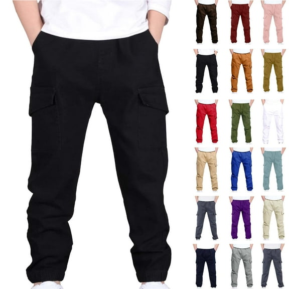 4-13Years Boys And Girls Childrens Sports Cargo Pants Stretch Elastic Waist School Kids Twill Joggers Black 5 Years