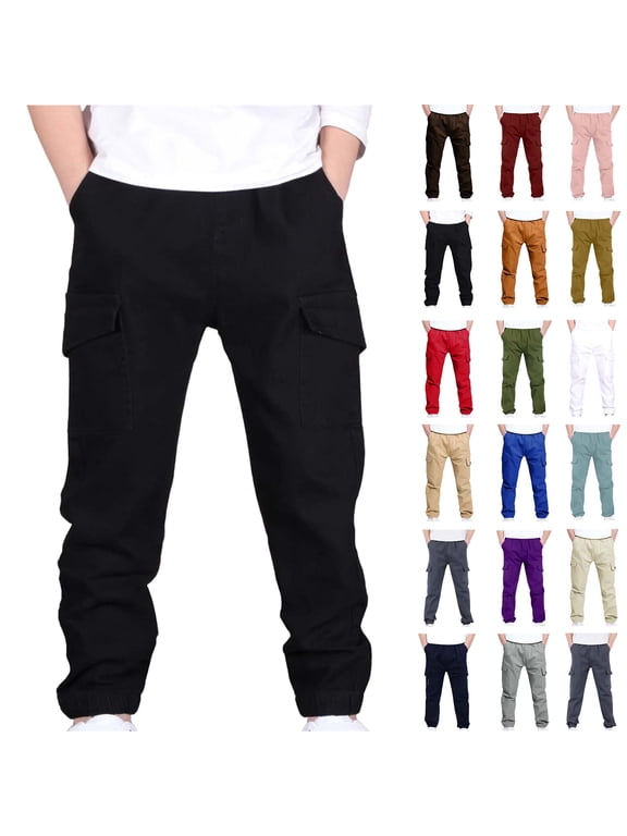 4-13Years Boys And Girls Childrens Sports Cargo Pants Stretch Elastic Waist School Kids Twill Joggers Black 5 Years