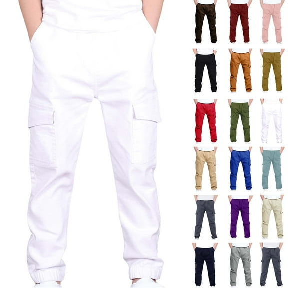 4-13Years Boys And Girls Childrens Sports Cargo Pants Stretch Elastic Waist School Kids Twill Joggers White 13 Years