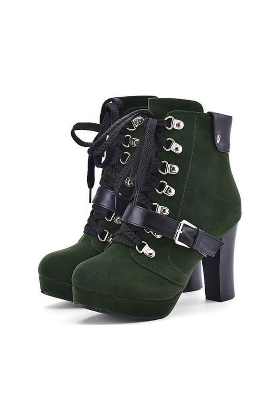 Women's Flatform Combat Boots Fashion Lace Leather Chunky Pump Ankle Booties Anti Slip Lace Up High Heels Riding Short Boots For Women Goth