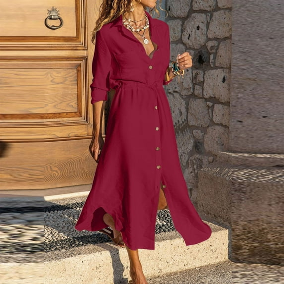 Clearance Deals! Ashirexll Maxi Dress for Women Solid Color Single Breasted Lapel Drawstring Shirt Dress Cotton Linen Dress Skirts for Women Wine Dress 5XL