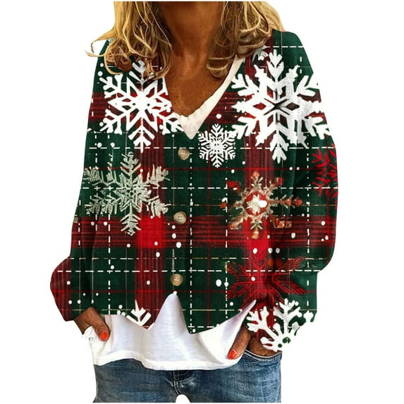Buigttklop Christmas Printed Cardigan Sweaters for Women Open Front Long Sleeve Button Down V-Neck Knit Sweater Jacket Tops