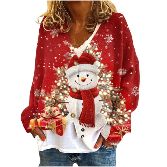 Buigttklop Christmas Printed Cardigan Sweaters for Women Open Front Long Sleeve Button Down V-Neck Knit Sweater Jacket Tops