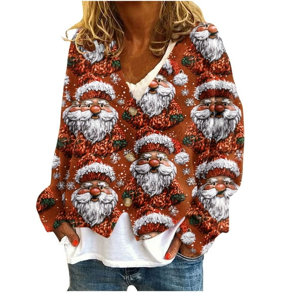 Buigttklop Christmas Printed Cardigan Sweaters for Women Open Front Long Sleeve Button Down V-Neck Knit Sweater Jacket Tops