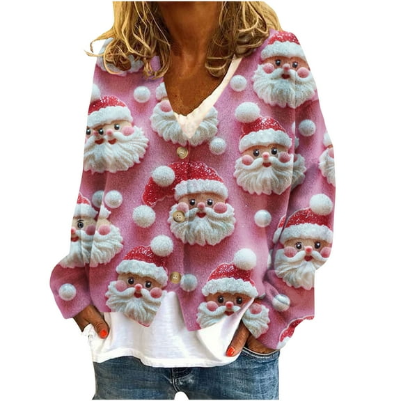 Buigttklop Christmas Printed Cardigan Sweaters for Women Open Front Long Sleeve Button Down V-Neck Knit Sweater Jacket Tops