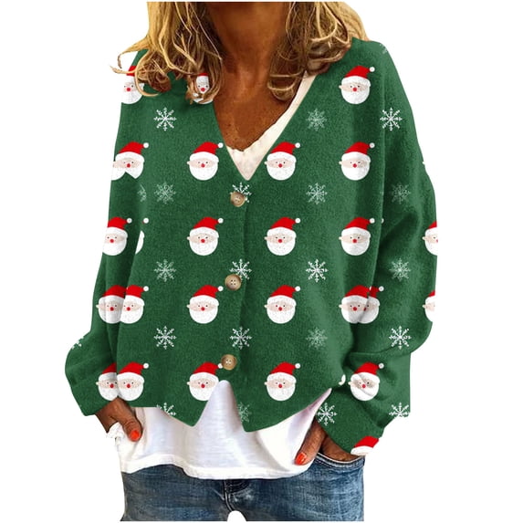 Buigttklop Christmas Printed Cardigan Sweaters for Women Open Front Long Sleeve Button Down V-Neck Knit Sweater Jacket Tops