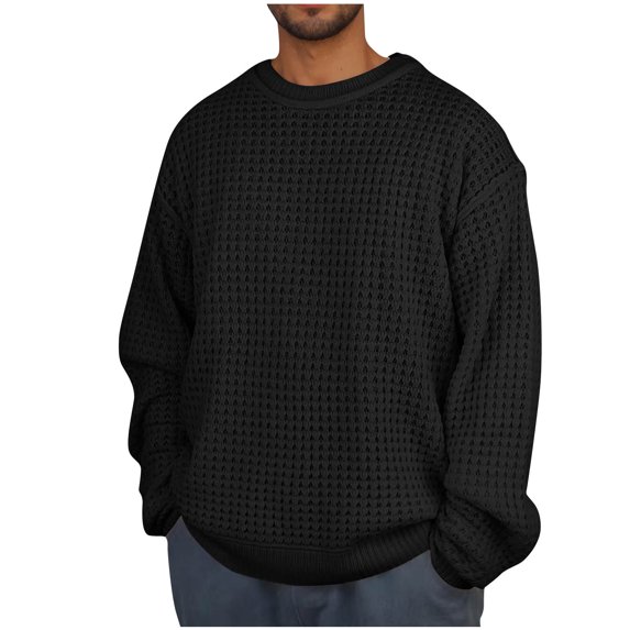 Buigttklop Mens Loose Fit Oversized Crewneck Waffle Knitted Pullover Sweater Long Sleeve Vintage Textured Ribbed Knit Sweaters