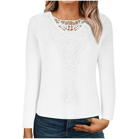 Buigttklop Wlong Sleeve Shirts for Women Casual Crew Neck Basic Fall Tops Loose Fit Comfy Lace Patchwork Long-Sleeved Loose Tops