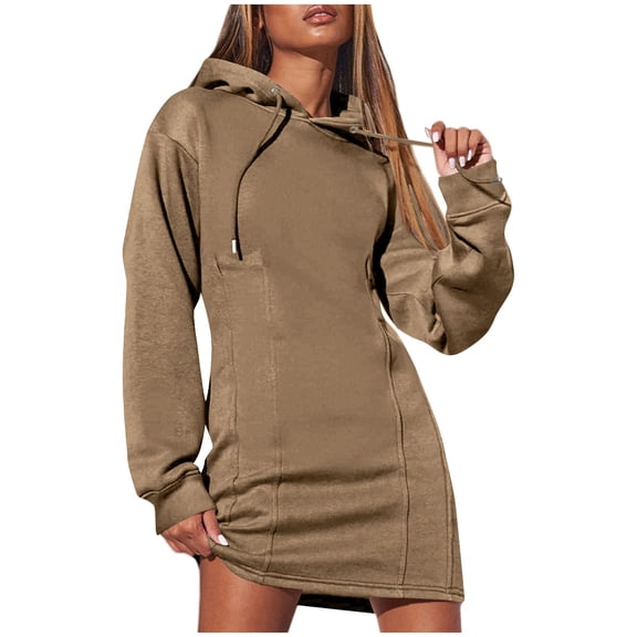 Buigttklop Womens Dresses Fall Winter 2024 Casual Long Sleeve Drawstring Pleated Hoodies Sweatshirt Pullover Tunic Mini Dress