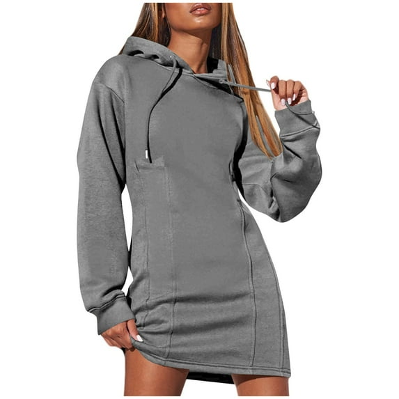 Buigttklop Womens Dresses Fall Winter 2024 Casual Long Sleeve Drawstring Pleated Hoodies Sweatshirt Pullover Tunic Mini Dress