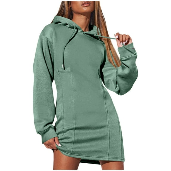Buigttklop Womens Dresses Fall Winter 2024 Casual Long Sleeve Drawstring Pleated Hoodies Sweatshirt Pullover Tunic Mini Dress