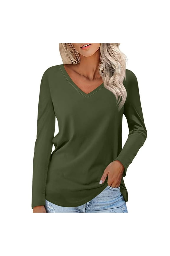 Women'S V Neck Long Sleeve T Shirt Solid/Color Block Casual Basic Tops Fall Tees