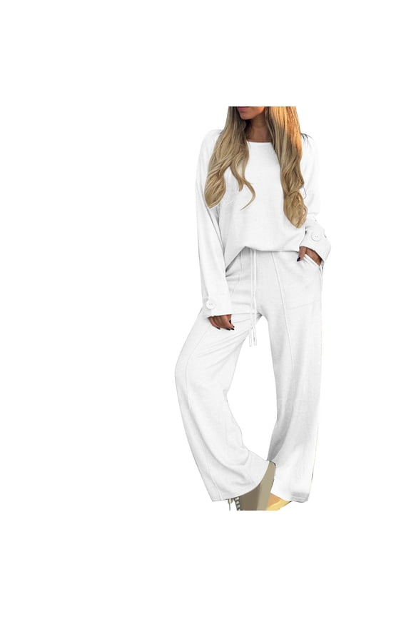 Womens 2 Piece Outfits Sweatsuits Sets O Neck Sweatshirt Wide Leg Sweatpants Casual Textured Tracksuit