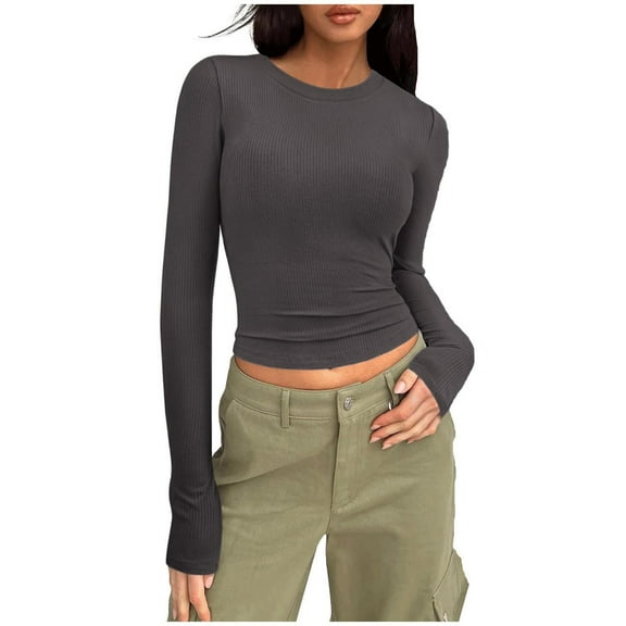 Buigttklop Womens Long Sleeve Shirts Basic Crop Tops Going Out Fall Fashion Slim Fit Y2K Tops 2024