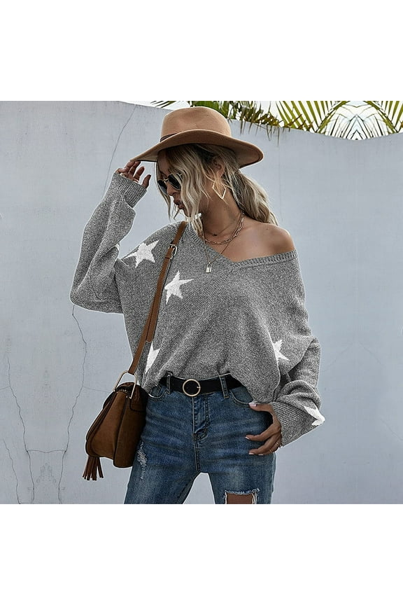 Omen'S V-Neck Pullover Sweaters Long Sleeve Crop Top Star Knit Jumper Loose Knitted Sweater