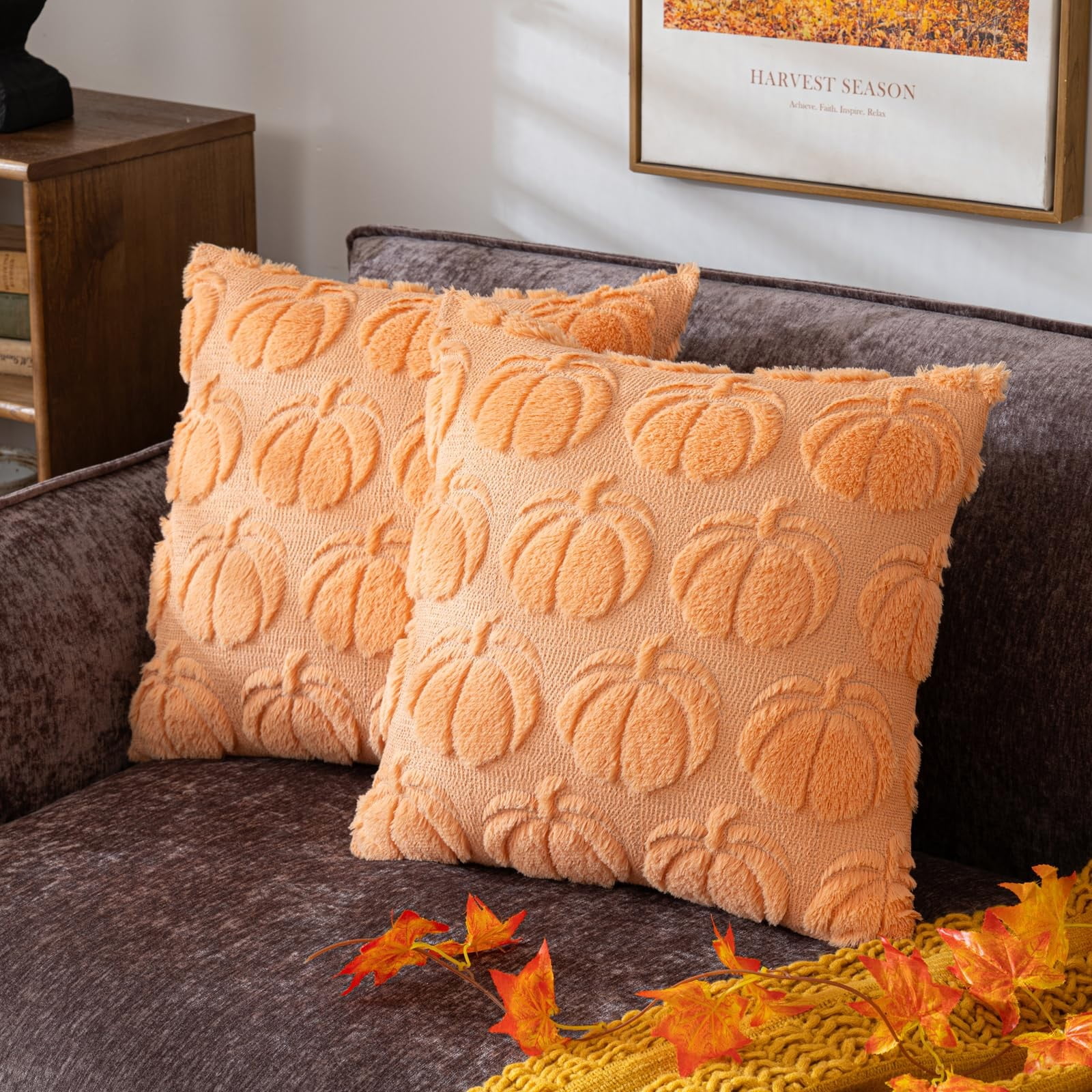 Pumpkin Patterned Orange Polyester Euro Pillowcases Set of 2