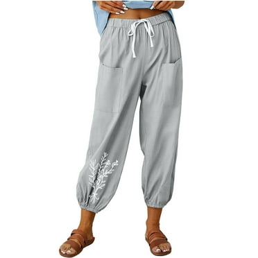 Clearance Deals Gnurob Cotton Linen Pant for Womens Floral Printed Jogger Drawstring Trousers Comfy Elastic Waisted Slacks Lightweight Sweatpants Summer Beach Vacation Pants,A06-Gray,XX-Large