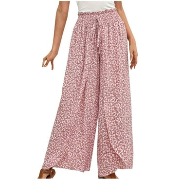 Clearance Deals Gnurob Ladies Wide Leg Pants Floral Print Slacks Drawstring Trousers Comfy Elastic Waisted Palazzo Flowy Culottes Lightweight Skirt Fashion Streetwear for Womens,Pink,Large