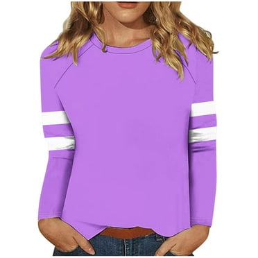 Clearance Deals Gnurob Plus Size Womens Shirts Round Neck Sweatshirts Color Block Pullover Tops Casual Raglan Long Sleeves Sweatshirt Loose Striped Tunic Women Preppy Clothes,Purple,3X-Large