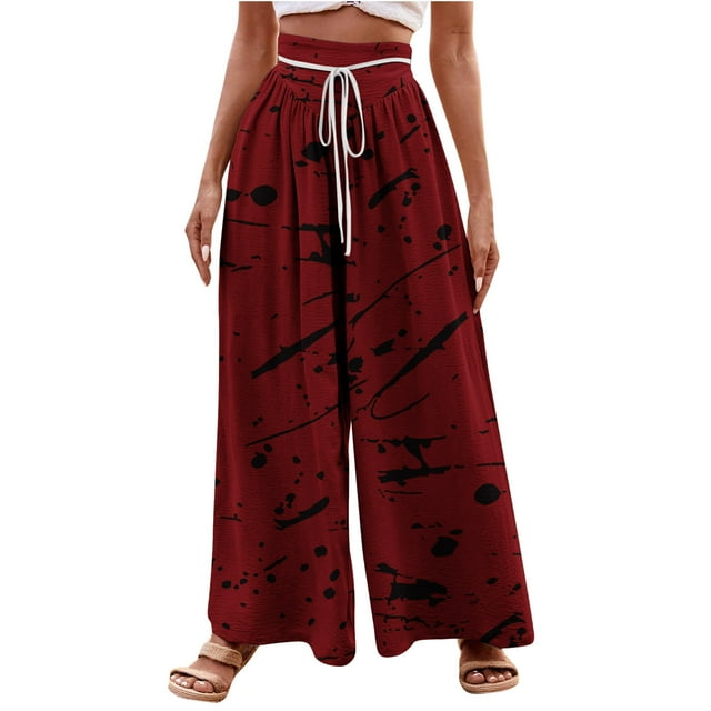 Clearance Deals Gnurob Wide Leg Pant for Womens Elastic Waisted Trousers Straight Palazzo Printed Slacks Cozy Drawstring Pants Relaxed Fit Loungewear Fashion Streetwear,A01-Red,X-Large