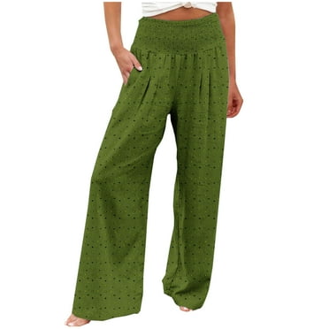 Clearance Deals Gnurob Wide Leg Pants for Ladies Elastic Waist Trousers Dot Print Slacks High Waisted Palazzo Straight Lounge Pant Womens Comfortable Loungewear Yoga Clothes，Army Green，Medium