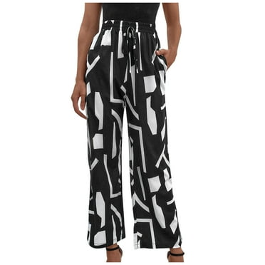 Clearance Deals Gnurob Women Wide Leg Pants Print Trousers Drawstring Palazzo Comfy Elastic Waisted Slacks Ladies Dressy Straight Pant Lightweight Loungewear Clothes with Pockets,Black,Medium