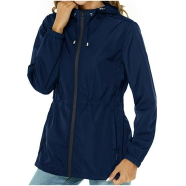 Clearance Deals Gnurob Womens Anorak Cinched Waist Jackets Full Zip-up Coats Drawstring Hooded Windbreaker Waterproof&nbsp;Jacket Long Sleeves Outerwear Casual Coat With Zipper Pockets,Navy,XX-Large