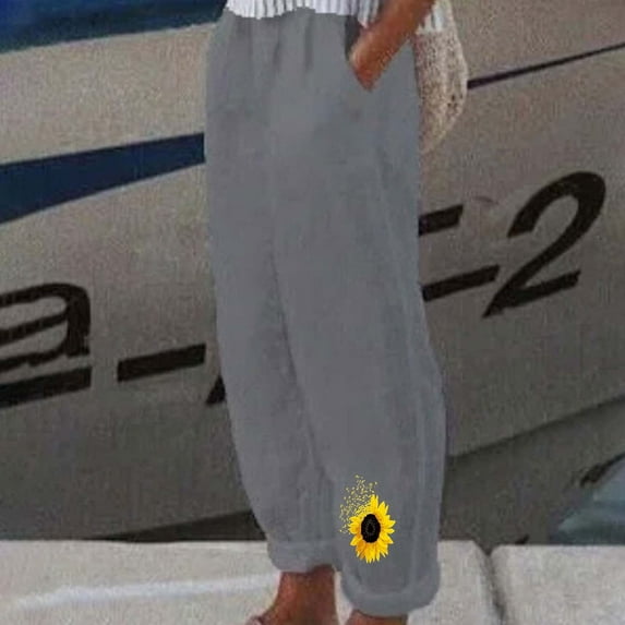 Pants for Women Trousers for Women Vintage Cotton Linen Plus Size Loose Straight Leg Pants Fashion Sunflower Print Elastic Waist Long Pants with Pockets