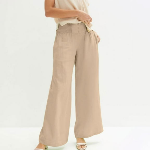 Pants for Women Womens Casual Long Pants Fashion Button High Waist Breathable Cotton Linen Palazzo Pants Solid Loose Wide Leg Leisure Trousers with Pocket