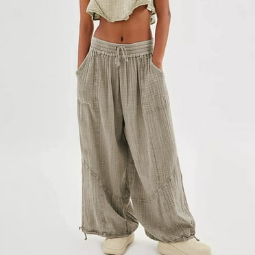 Clearance Deals Pants for Women Womens Long Pants Fall Casual Solid Drawstring Elastic Waist Linen Pants Plus Size Loose Straight Leg Ladies Leisure Trousers with Pocket Under $5
