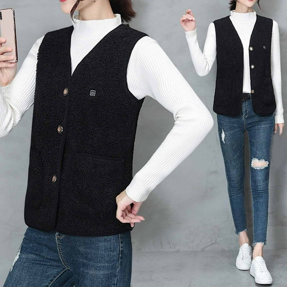 Clearance Deals, Polar Fleece Heated Vest for Women Warm Button Down Jackets Sleeveless Heating Coat USB Electric Heated Jacket No Battery