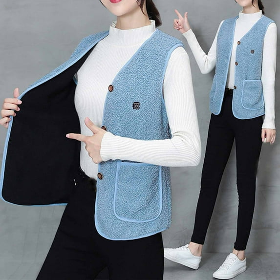 Polar Fleece Heated Vest for Women Warm Button Down Jackets Sleeveless Heating Coat USB Electric Heated Jacket No Battery