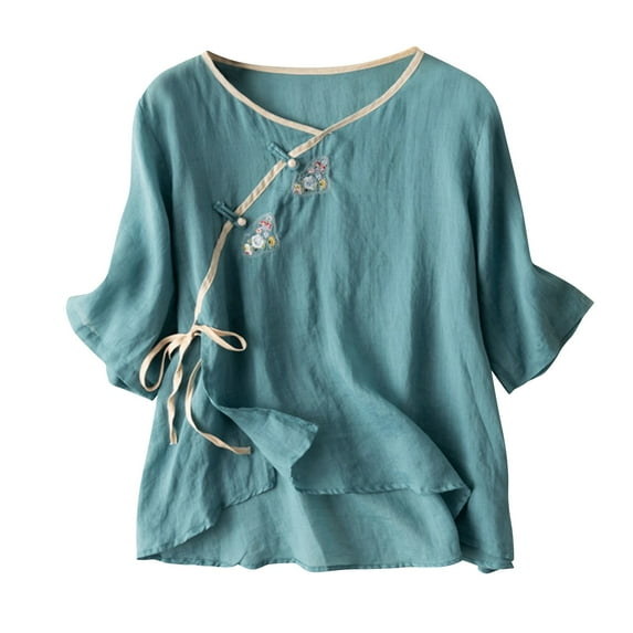 Cotton Linen Embroidered Tops for Women Summer Short Sleeve Blouses Frog Button Top Casual Solid Color V Neck T Shirts