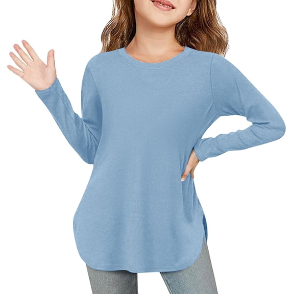 Kids Long Sleeve Shirts Girls Solid Color Pullover Tshirt Round Neck Blouse Tops Basic Tunic Shirt Hem with Side Slit