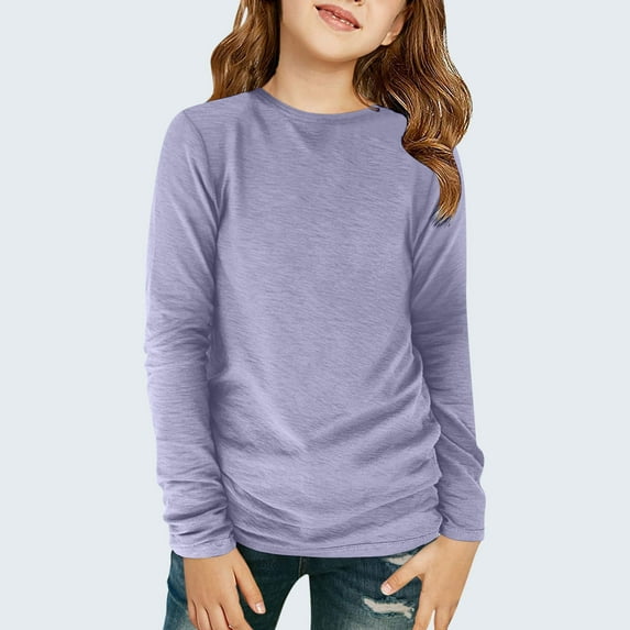 Long Sleeve Kids Shirts Girls Crew Neck Tshirt Solid Color Blouse Plus Size Shirts Casual
