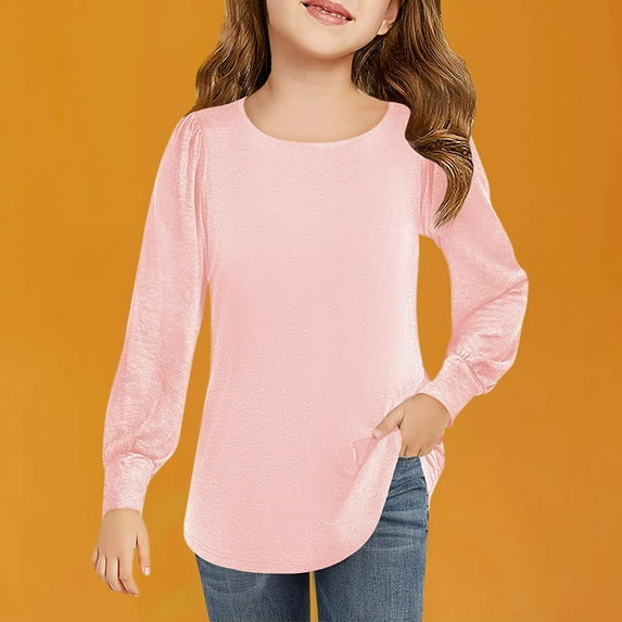 Summer Tops for Girls 2026 Round Neck Tops Toddler Girl Long Sleeve Tshirts Girls Solid Color Blouse Girls Tops 5t